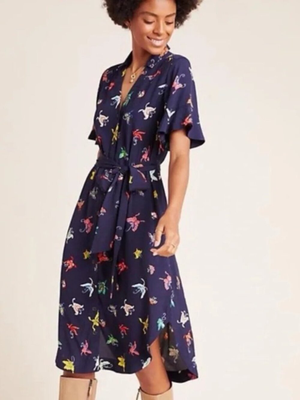 Anthropologie Maeve Dark Blue Butterfly Print Button Down Tie Waist Midi Dress
